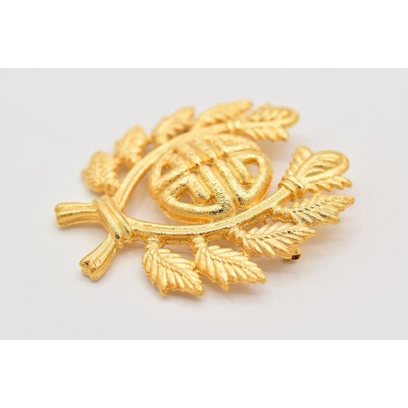 Givenchy Vintage Logo Pin Brooch Brushed Gold 4G Laurel Leaf Chunky Signed BinBA - Picture 6 of 12